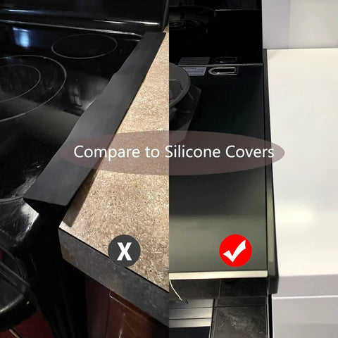 Comparison of Stove Gap Cover 2 Pack Aluminum Kitchen Gap Filler against silicone cover on cooktop edges, black, easy to install.