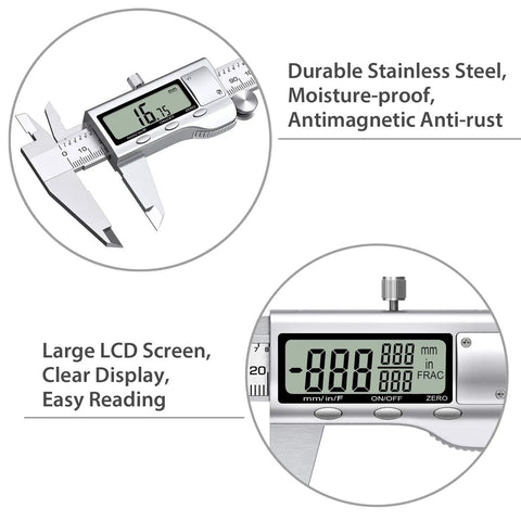 6 Inch Digital Vernier Caliper With Fraction Inch And Millimeter Modes showing LCD screen and buttons for precise measurement