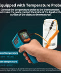 Non Contact Infrared Thermometer Gun With 12 To 1 Distance To Spot in hand with probe measuring liquid temperature