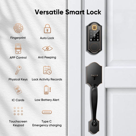 Rock Solid Slick Fingerprint Smart Front Door Lock Set Featuring Keyless Entry Handle Setup, Touchscreen Keypad, and Oil Rubbed Bronze finish.