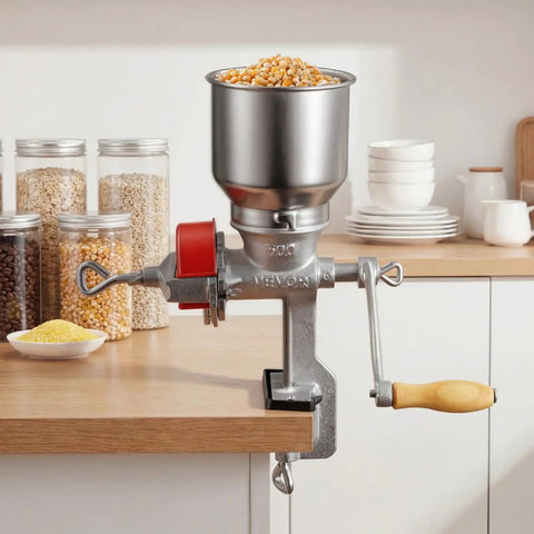 Manual Grain Mill With High Hopper Hand Crank Heavy Duty Cast Iron Wheat Grinding Mill with stable clamp on a countertop