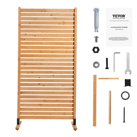 Wooden Privacy Screen For Outdoors 36 Inch Wide 73 Inch Tall Freestanding Panel With Stand and assembly tools visible