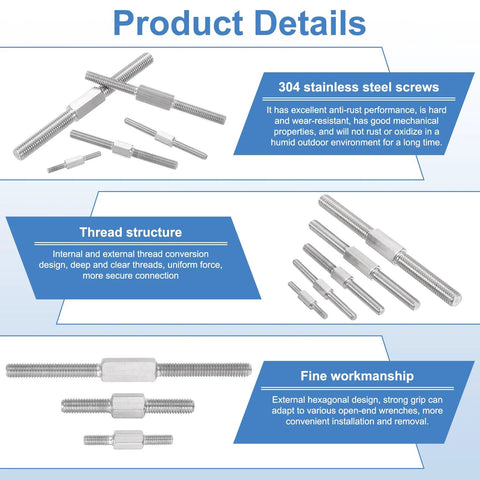 M3x40mm double-ended threaded studs, 10 pcs, 304 stainless steel, left and right-hand threads for furniture hardware