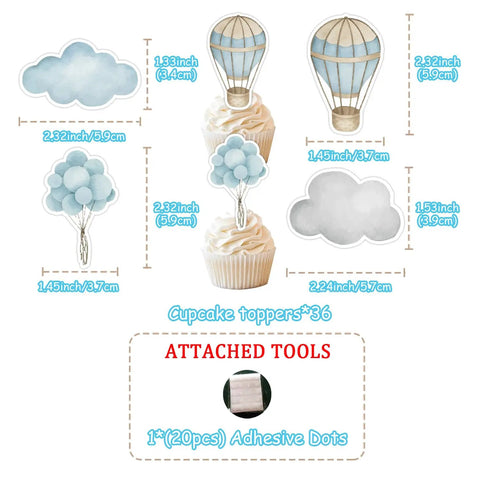 Adventure Awaits Hot Air Balloon Cupcake Toppers 36 Piece Set Blue Clouds Party Picks with adhesive dots for baby shower.