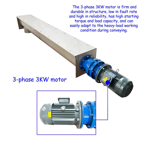 Rock Solid 304 Stainless Steel U Trough Auger Screw Conveyor featuring a 9 Inch Helical Blade and 3-phase 3KW motor.