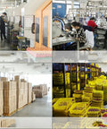Manufacturing facility with workers, machinery, stacked boxes, and yellow storage bins
