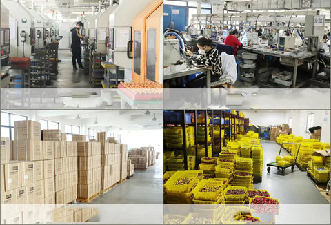 Manufacturing facility with workers, machinery, stacked boxes, and yellow storage bins