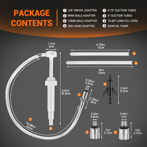 LOZAGU gear oil pump for quart bottles with clear tubing, 10cc stroke, includes 3/8 swivel and 8mm/10mm adapters