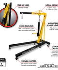 Heavy Duty Rolling Boom Engine Hoist With Two Thousand Pounds Capacity Fold Up Legs And Smooth Swivel Casters That Make Tight Garages A Breeze For Every Weekend Wizard Industrial Grade Steel Construction and long ram jack for enhanced lifting.