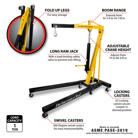 Heavy Duty Rolling Boom Engine Hoist With Two Thousand Pounds Capacity Fold Up Legs And Smooth Swivel Casters That Make Tight Garages A Breeze For Every Weekend Wizard Industrial Grade Steel Construction and long ram jack for enhanced lifting.