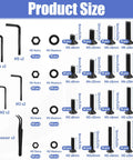 Product size chart showing components from the Massive Over 1500 Piece Set With All In One M2 To M5 Flat Head Hex Socket Screws Ten Point Nine Grade Alloy Steel Bolts Nuts Washers Wrenches Tweezers And Storage Box For Home DIY Projects.