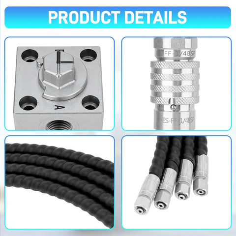 3 Way Hydraulic Diverter Valves Kit For 1-2 Ton Mini Excavator With Quick Connects, 31 Inch Flexible Hoses, Close-Up View