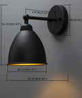 Industrial Hardwire Wall Sconce With Old School Farmhouse Vibe Right Angled Rustic Metal Lampshade For Bedroom Living Room Reading Nook Or Kitchen Black Finish Two Pack E26 Base 40W Max Fully Dimmable With Compatible Dimmer shown from side with dimensions.