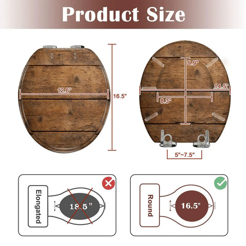 Round Overhead view brown wooden table Toilet Seat dimensions with size measurements and fittings clearly shown.