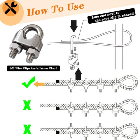 How to use guide for 1/8 Inch Stainless Steel Wire Rope Kit With 100 Feet Vinyl Coated Cable, showing wire clip installation steps.
