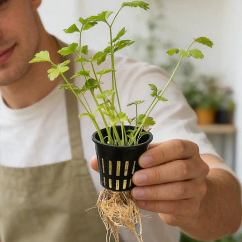 Person holding Hydroponic Net Pots For Soilless Seedlings With Porous Design For Even Watering And Strong Root Foundation