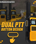 Badass Portable Waterproof Two Way Radio Featuring Rock Solid IP67 Protection And Snappy USB C Charging Built Tough As Nails For Construction Sites And Weekend Warriors with dual PTT buttons.