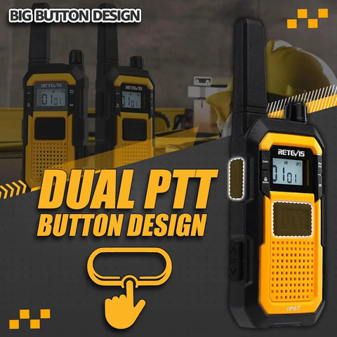 Badass Portable Waterproof Two Way Radio Featuring Rock Solid IP67 Protection And Snappy USB C Charging Built Tough As Nails For Construction Sites And Weekend Warriors with dual PTT buttons.