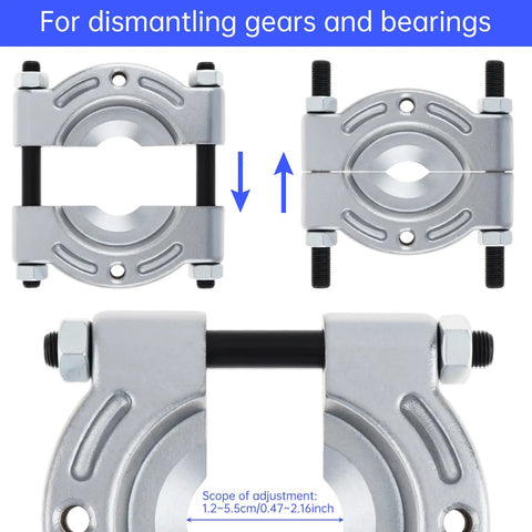 Beefy Heavy Duty Bearing Splitter And Five Inch Gear Pulley Puller Set For Automotive And ATV Use with adjustment scope.