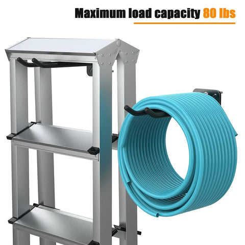 Beefy 12.4 Inch Heavy-Duty Wall Mount Garage Hooks holding aqua hose and metal shelves, demonstrating load capacity of 80 lbs.