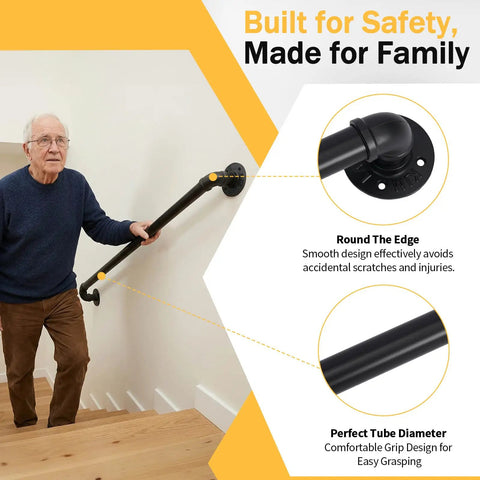 Heavy Duty Four Foot Iron Stair Handrail In Matte Black Finish Rust Resistant Body For Indoor Or Outdoor Staircases With Dead Simple Hardware Setup For Quick Weekend Fixes, secure grip design.
