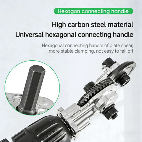 Drill Nibbler Sheet Metal Cutter Attachment showing hexagonal connecting handle for fast burr-free cuts on various metals.