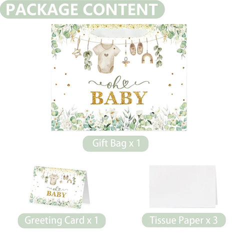 Package contents of 13 Inch Large Baby Gift Bag With Tissue Paper Greeting Card And Handle All In One Baby Shower Gift Set For Boys And Girls
