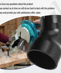 Two And A Half Inch Miter Saw Vacuum Adapter For Dust Collection And Shop Vac Attachments, Compatible With Most Miter Saws, Keeps Dust And Debris In Check For A Cleaner, Safer Chop Saw Job showing black adapter next to miter saw in use.
