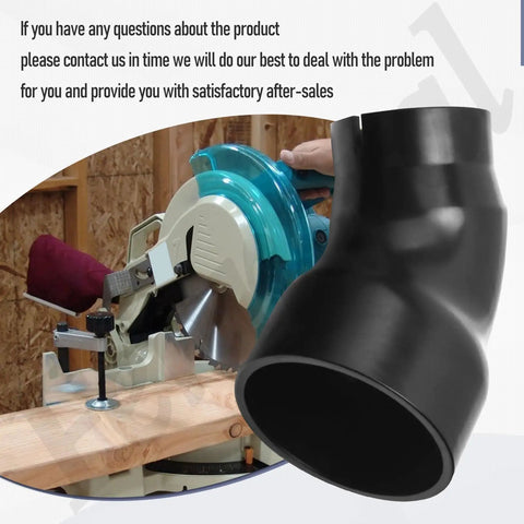 Two And A Half Inch Miter Saw Vacuum Adapter For Dust Collection And Shop Vac Attachments, Compatible With Most Miter Saws, Keeps Dust And Debris In Check For A Cleaner, Safer Chop Saw Job showing black adapter next to miter saw in use.