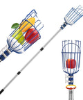 Adjustable Fruit Picker Tool with telescoping pole and basket, showing stainless steel connecting pole and dual clamps with foam pad.
