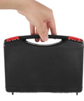 Hand holding Portable Plastic Toolbox With Grip Handle, Heavy Duty Hard Shell Organizer For Mechanics from behind.