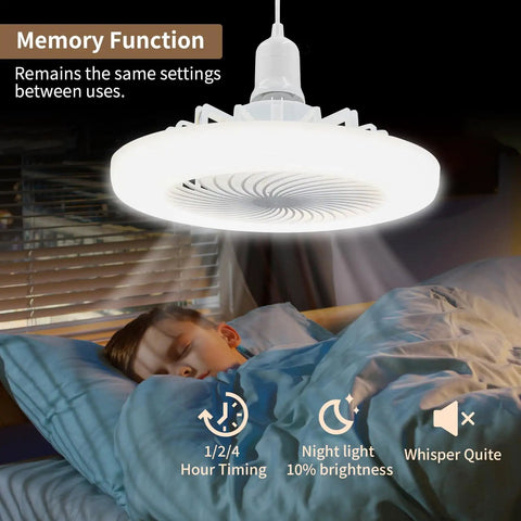 Plug In Ceiling Fan With Light 19.68Ft Long Cord Remote Control 110V E26 Socket 30W installed in a bedroom over a sleeping child