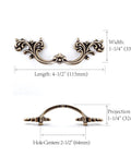 Antique Brass French Provincial Drawer Pulls Six Pack With Two And One Half Inch Hole Centers Four And Half Inch Length One And Quarter Inch Projection And One And Quarter Inch Width Zinc Alloy Shabby Chic Hardware For Dresser Nightstand Cabinet showing dimensions