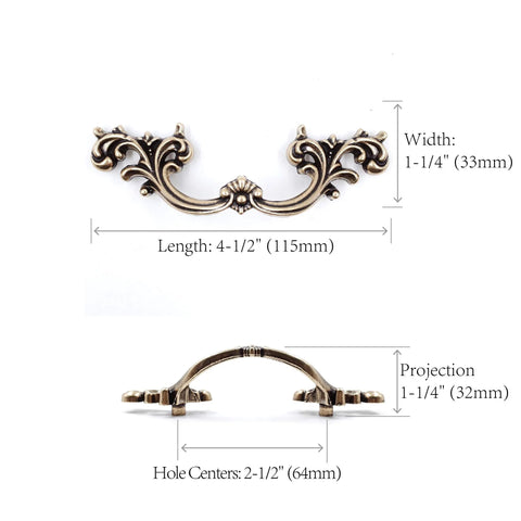 Antique Brass French Provincial Drawer Pulls Six Pack With Two And One Half Inch Hole Centers Four And Half Inch Length One And Quarter Inch Projection And One And Quarter Inch Width Zinc Alloy Shabby Chic Hardware For Dresser Nightstand Cabinet showing dimensions