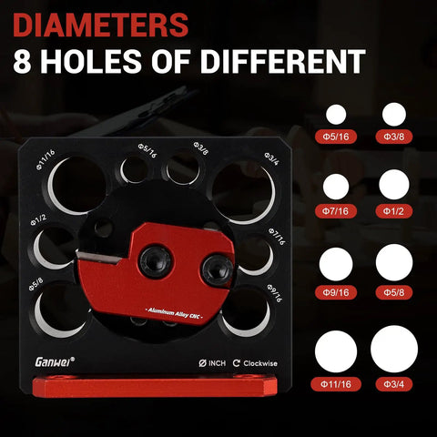 Rock Solid Aluminum Dowel Jig For Standard Power Drills Adjustable Eight Size Wood Dowel Cutter Kit with various sized holes.