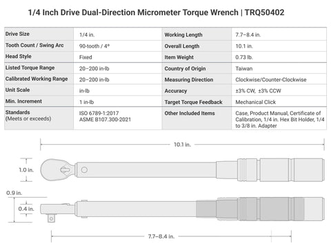 Technical diagram of Quarter Inch Drive 90 Tooth Dual Direction Micrometer Torque Wrench 20 to 200 Inch Pounds ISO Standard Calibration Accurate Reads Pro Grade Performance with specifications and measurements.
