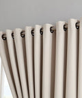 Two XXL Wall To Wall Beige Ivory Blackout Curtains Panels, 108 By 108 Inches Each, close-up of grommet top hang detail