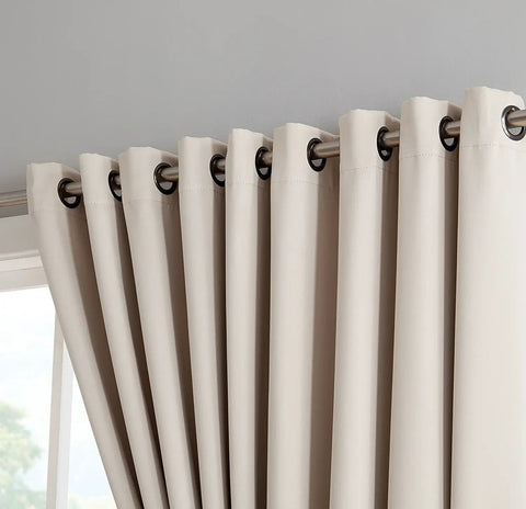 Two XXL Wall To Wall Beige Ivory Blackout Curtains Panels, 108 By 108 Inches Each, close-up of grommet top hang detail