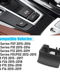 BMW Parking Brake Button Replacement Cover Kit installed in center console, compatible vehicles listed beside.