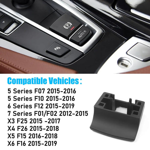 BMW Parking Brake Button Replacement Cover Kit installed in center console, compatible vehicles listed beside.