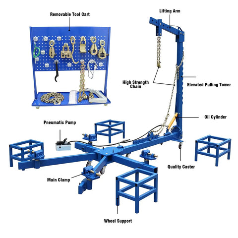 Car Frame Corrector And Straightener Puller, 10 Ton Hydraulic Frame Repair Tool shown with labels, including lifting arm and tool cart.