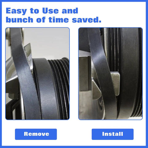 Close-up of Stretch Belt Tool Kit for Cars Trucks and Other Vehicles Two Piece Belt Remover and Installer showing removal and installation
