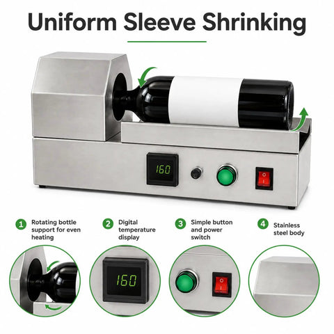 Compact Electric Heat Shrink Machine For Wine Bottle Neck Sleeves with digital display and stainless steel body.
