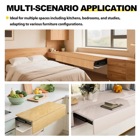 Straight Up Heavy Duty Countertop Extension Slide Rail For Kitchen Counters And Island Extensions With Buttery Smooth Soft Close Buffer Damping Rust Resistant Cold Steel Build Up To Twelve Point Six Inch Track shown in kitchen and bedroom setups.