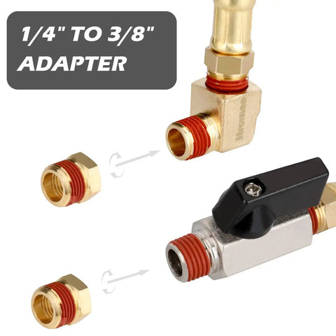 Close-up of quarter to three-eighth inch adapter components from Extended Tank Drain Kit with 10 Inch Braided Steel Hose for air compressors.
