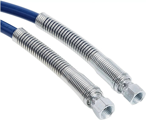 Close-up of One Quarter Inch Airless Hose 50 Foot For Magnum Or Graco Sprayers Heavy Duty High Pressure Up To 3000 PSI Zinc Coated Spring Guard