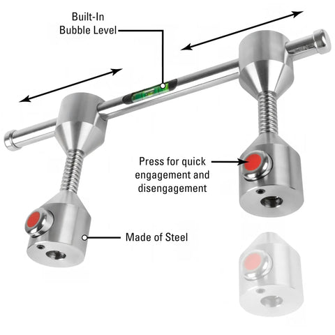 SUS304 Heavy Duty Stainless Steel Two Hole Pin With Push Button Quick Lock For Pipe Alignment And Rigging Work, showing built-in level and engagement button.