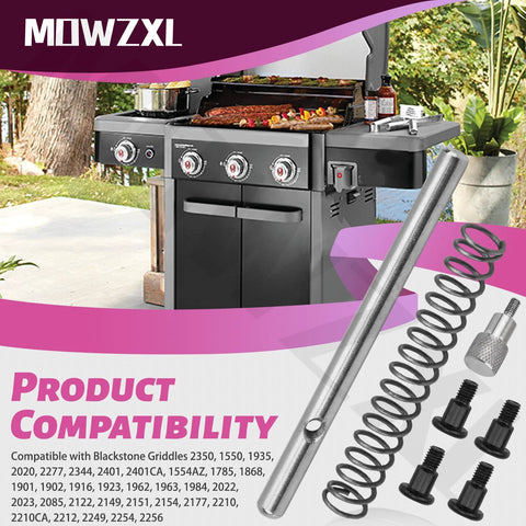 Front view of MOWZXL locking pin and spring kit with 4 M6 bolts for Blackstone griddles with Flexfold legs