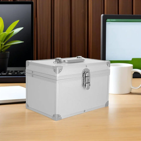 Heavy Duty Kickass Portable Aluminum Toolbox Featuring Reinforced Double Layer Storage And Secure Locks Designed Tough For Engineering Fieldwork And Jewelry Cases on a desk.