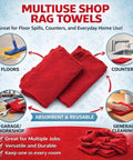 Extra Absorbent 13x17 Inches 12 Pack 100 Percent Cotton Shop Towels Reusable Cleaning Rags For Industrial Garage Auto Home Heavy Duty Towels Built For Tough Jobs displayed with cleaning uses